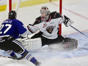 Vancouver Giants netminder David Tendeck makes a save against the visiting Victoria Royals in a WHL game earlier this season at the Langley Events Centre.