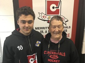 Phyllis Brewer, right, was named the Merritt Centennials volunteer of the month in December. She has been a volunteer with the BCHL club for more than 30 years and isn't letting COVID-19 ruin her plans for next season.