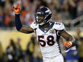 Von Miller of the Denver Broncos reacts after a play against the Carolina Panthers in the fourth quarter during Super Bowl 50 at Levi's Stadium on February 7, 2016 in Santa Clara, California.