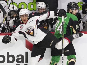 Justin Sourdif of the Vancouver Giants, left, isn't losing sleep over the 2020 NHL Entry Draft — or so he says. Central Scouting ranked him as the 23rd best North American skater heading into the draft.