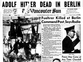 Front page of the Vancouver Sun on May 1, 1945 announcing the death of Adolf Hitler. A photo of a dead Benito Mussolini hanging in mid-air with his mistress was the main art for the page, marking the end of the two fascist dictators who ignited the Second World War.