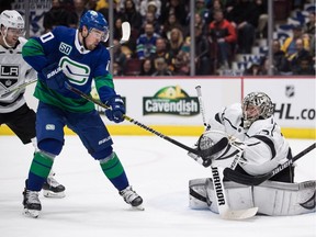 Tanner Pearson, left, hit a career high with 45 points when the NHL season was paused on March 12. He was giving goalies like Jonathan Quick of the Los Angeles Kings a tough time before the season stopped because of the novel coronavirus pandemic.