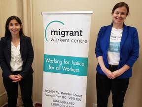 Juliana Dalley, left, staff lawyer for the Migrant Workers Centre, and Natalie Drolet, executive director of the Migrant Workers Centre, which is lobbying for improved immigration status for undocumented migrant workers in Canada who work in essential jobs during the pandemic.