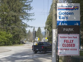 Sign ahead of entrance to Golden Ears Park on April 9, 2020, indicates that the provincial park is closed.