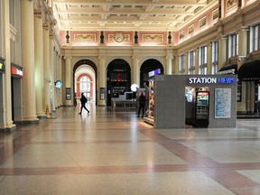 A near-empty Waterfront Station, normally a busy transit hub, in a time of social distancing.
