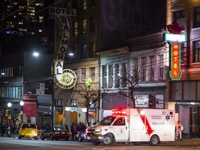 The City of Vancouver says in a statement that police responded to eight suspected overdose deaths last week, the highest number since last August and in contrast to a decline in overdose deaths over the past year. An ambulance in Vancouver's Downtown Eastside in this file photo.