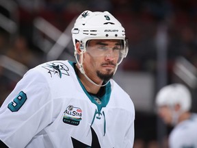 Evander Kane #9 of the San Jose Sharks during the NHL game against the Arizona Coyotes at Gila River Arena on Dec. 8, 2018 in Glendale, Arizona.