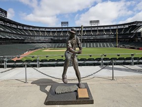 Statue of Chicago White Sox Hall of Fame player Harold Baines at Guaranteed Rate Field in Chicago, Illinois. The 2020 Major League Baseball season is on hold due to the COVID-19 pandemic.