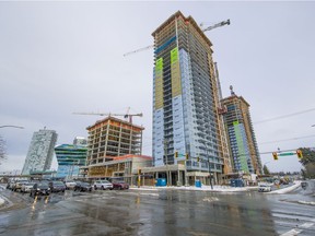 Highrise condos at the corner of Fraser Highway and King George Boulevard in Surrey.