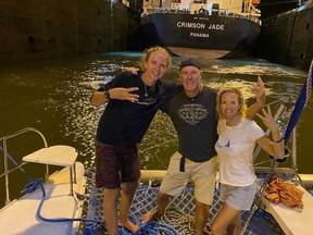 Cole, Brad and Krista Porter heading through the Panama Canal in December on their 42-foot catamaran Saltair 3. (Submitted)