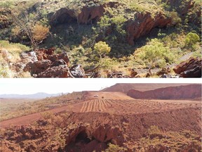 A combination of two handout photos released by the PKKP Aboriginal Corporation and recieved by AFP on May 27, 2020 shows Juukan Gorge in Western Australia -- one of the earliest known sites occupied by Aboriginals in Australia, taken on June 2, 2013 (top) and how it was on May 15, 2020 (bottom).
