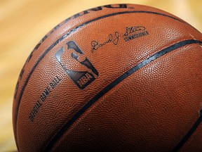 An NBA basketball on the court during play between the Dallas Mavericks and the San Antonio Spurs in Game 5 of the Western Conference Quarterfinals during the 2009 NBA Playoffs at AT&T Center on April 28, 2009 in San Antonio, Texas.