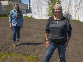 Anne Riley (left) and T'uy't'tanat-Cease Wyss are the women behind A Constellation of Remediation, a public art work that is taking root in a vacant corner lot at Commercial Drive and East Hastings Street.