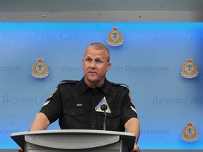 Sgt. Aaron Roed comments on the arrest of two chronic offenders, resulting in 70 separate charges related to commercial break-ins in Vancouver and surrounding communities over the past few months, in Vancouver, B.C., on May 13, 2020.