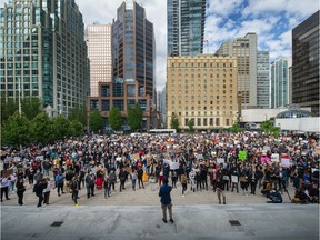 Over a thousand people protest during an anti-racism rally in front of the  Vancouver Art Gallery in Vancouver, B.C., May 31, 2020.