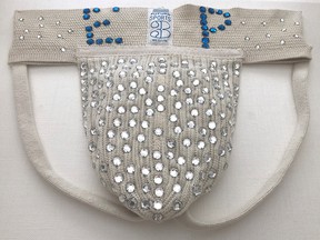 The rhinestone-studded jockstrap worn by Elvis Presley and bearing his initials is seen in this undated handout picture.
