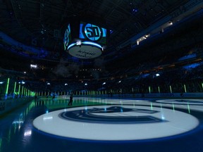 The ice surface at Rogers Arena prior to a Vancouver Canucks game during the 2019-20 NHL season. The ice is back in at the arena and the team’s training facilities are available for use by the players.