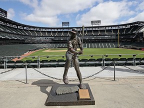 Statue of Chicago White Sox Hall of Fame player Harold Baines is seen in the outfield of Guaranteed Rate Feld, home of the White Sox, on May 08, 2020 in Chicago, Illinois. The 2020 Major League Baseball season is on hold due to the COVID-19 pandemic.