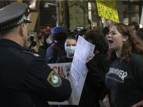 A young protestor confronts police in Martin Place on June 02, 2020 in Sydney, Australia.