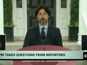 Prime Minister Justin Trudeau remains silent for 20 seconds after a reporter asks him for comment on Trump's deployment of military to quell protests in the U.S.
