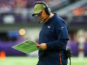 Denver Broncos head coach Vic Fangio looks on in the first quarter against the Minnesota Vikings at U.S. Bank Stadium in Minneapolis on Nov. 17, 2019.