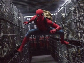 This image released by Columbia Pictures shows Tom Holland in a scene from "Spider-Man: Homecoming."