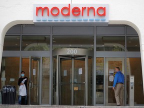 A sign marks the headquarters of Moderna Therapeutics, which is developing a vaccine against the coronavirus disease (COVID-19), in Cambridge, Massachusetts.