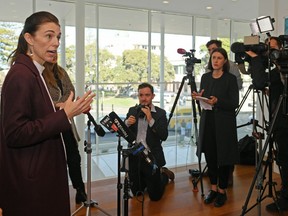 Jacinda Ardern speaks to media after she makes a COVID Response and Recovery Fund Announcement on May 29, 2020 in Napier, New Zealand.