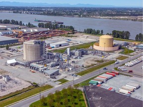 An aerial photo of Fortis B.C.'s liquefied natural gas production and storage facility on Tilbury Island in Delta. Fortis B.C. uses the plant as backup storage to help meet peak natural gas demand in the Lower Mainland and produce LNG as fuel in marine and truck transportation.