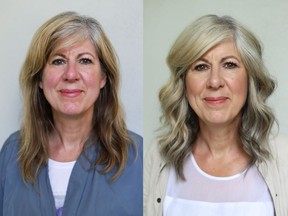 Ingrid Richardson is a 61-year-old artist and set director who underwent a makeover by Nadia Albano. On the left is Richardson before her makeover, on the right is her after. Photo: Nadia Albano