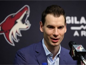 General manager John Chayka of the Arizona Coyotes speaks during a press conference to introduce Taylor Hall last December.