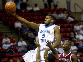 Louisiana Tech forward Olu Ashaolu takes it to the hole against New Mexico State during an NCAA game. Ashaolu, a Toronto native, was signed by the Fraser Valley Bandits on Tuesday. The league aims to resume play in two weeks at a tournament in St. Catharines, Ont.