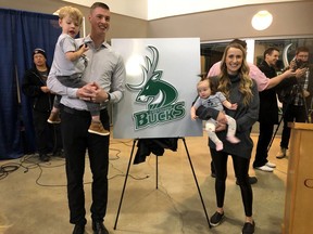 Nathan and Breanne Liuwen and their children Wesley, 3, and Oaklynn, 1, at the unveiling of the Cranbrook Bucks logo. The Bucks will be an expansion team in the B.C. Junior Hockey League this season. Photo: Cranbrook Bucks