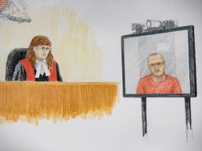 In a courtroom sketch, Jamie Bacon appears via video link in front of B.C. Supreme Court Justice Kathleen Ker in Vancouver on July 9, 2020. The jailed gang leader has pleaded guilty to a murder conspiracy charge stemming from the 2007 Surrey Six shootings.