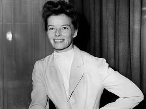 Portait of the actress Katharine Hepburn at a reception in London, April 6, 1951.
