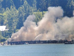 Five boats were destroyed in an explosion and fire at a marina on Shuswap Lake in Salmon Arm Monday.