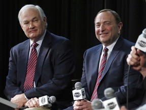 n this Jan. 24, 2015, file photo, NHL Player's Association executive director Donald Fehr, left, and NHL Commissioner Gary Bettman attend a news conference at Nationwide Arena in Columbus, Ohio. Given the gravity of the pandemic and the abrupt decision to place the NHL season on pause in March, it did not take Bettman and Fehr long to realize they were going to have to work together if play was to resume any time soon.