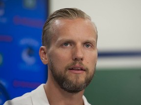 Vancouver Canucks face the media at Rogers Arena in Vancouver, BC Thursday, September 13, 2018. Pictured is  Alex Edler.