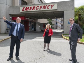 Premier John Horgan, Richmond Hospital Foundation President and CEO Natalie Meixner and Health Minister Adrian Dix (left to right) at the July 2 announcement of a new acute care tower for the hospital.