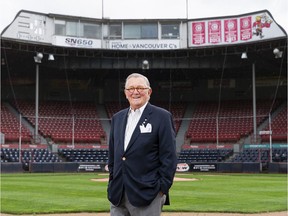 Vancouver Canadians owner Jake Kerr poses for a photo at empty Nat Bailey Stadium in Vancouver on July 7, 2020. Kerr, who misses his summer fix at The Nat, says there could be a lot of changes next time the Canadians take the field.