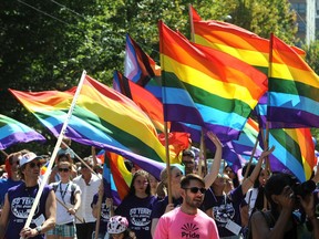 A scene from the 2019 Vancouver Pride Parade in Vancouver on Aug. 4, 2019. This year's virtual event has excluded the B.C. Liberal party over controversial comments by an MLA.