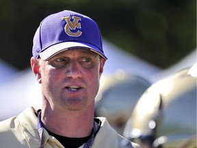 Longtime Vancouver College head coach Todd Bernett (pictured in 2012) says he’s avoided predicting what the future holds when talking to players on his Fighting Irish squad, defending Triple A provincial high school champions.