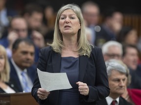 Conservative MP Leona Alleslev rises during Question Period in the House of Commons, Monday, March 9, 2020 in Ottawa. Toronto MP Leona Alleslev has resigned as deputy leader of the Conservative party in the waning weeks of its leadership contest.