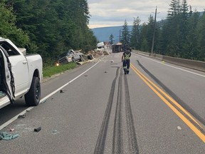 Police say wreckage from a six vehicle crash, shown in an RCMP handout photo, that closed the Trans-Canada Highway west of Sicamous Wednesday evening, July 15, 2020, has been cleared. The RCMP in Sicamous and Salmon Arm say they responded at 6:30 p.m. to the crash involving two semi-tractor trailers, an SUV and three pick-up trucks. THE CANADIAN PRESS/HO-RCMP Mandatory Credit