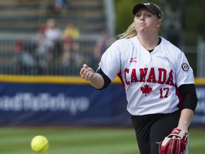 Team Canada’s Sara Groenewegen fires a pitch toward the plate against Mexico during a Tokyo Olympics fast-pitch softball qualifier at Softball City in August 2019. Groenewegen is one of four Canadians joining the new Athletics Unlimited league.