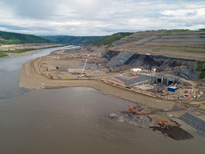 In-river construction at the dam site, to prepare for river diversion in the fall on the Site C hydroelectric project in northeast B.C.