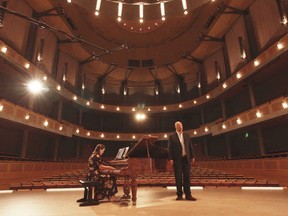 Pianist Erika Switzer and baritone Tyler Duncan, with a 19th-century piano in tow, perform before a near-empty house at the Chan Centre for the Performing Arts.