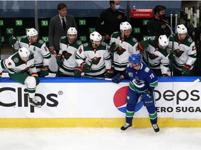 Micheal Ferland of the Vancouver Canucks is penalized for spearing against the Minnesota Wild team in game 1 of the Western Conference Qualification Round prior to the 2020 NHL Stanley Cup Playoffs at Rogers Place on Aug. 2, 2020 in Edmonton.