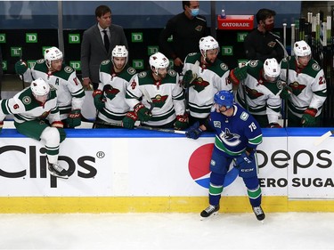 Micheal Ferland #79 of the Vancouver Canucks is penalized for spearing against the Minnesota Wild team in Game One of the Western Conference Qualification Round prior to the 2020 NHL Stanley Cup Playoffs at Rogers Place on August 02, 2020 in Edmonton, Alberta, Canada.
