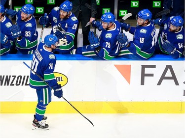 Tanner Pearson #70 of the Vancouver Canucks celebrates his first period goal  in Game 2.